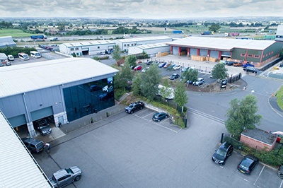 Elevated view of 4x4AT offices and warehouses at Leeming Bar, North Yorkshire, UK