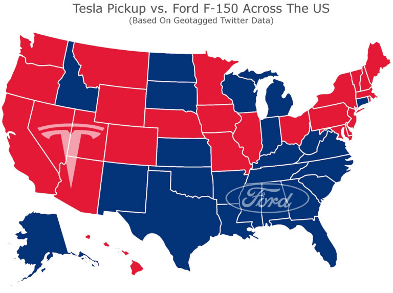 Tesla Pickup Truck vs Ford F150 Ranger Twitter US Tweet Location Data