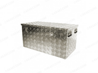 Medium Sized Aluminium Chequer Plate Tool Box, with Lid Open. Size is 72cm x Width 52cm x Height 64.5cm