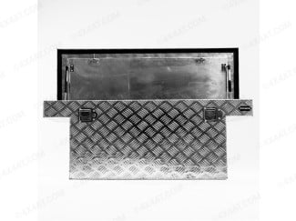 Medium Sized Aluminium Chequer Plate Tool Box, with Lid Open. Size is 72cm x Width 52cm x Height 64.5cm