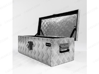 Medium Sized Aluminium Chequer Plate Tool Box, with Lid Open. Size is 72cm x Width 52cm x Height 64.5cm