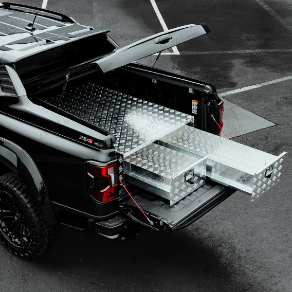 Aluminium pickup bed storage system with open drawer