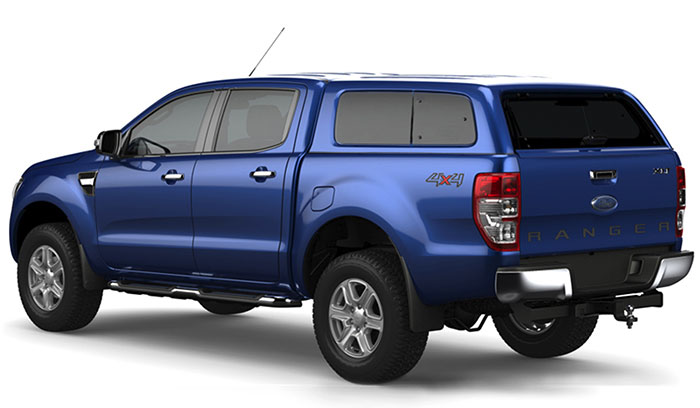 Aeroklas Lesiure canopy in colour matched blue on a double cab Ford Ranger