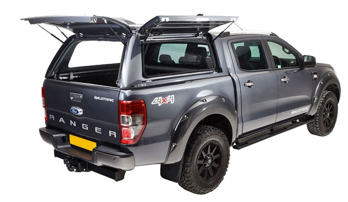 Ford Ranger with an Alpha CMX Truck top canopy with all doors open