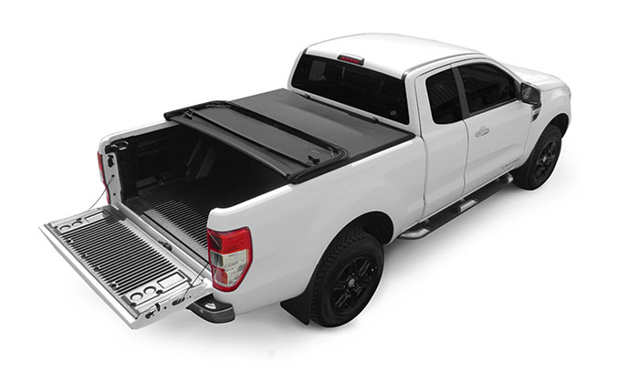 Soft Tri Folding tonneau cover partially open