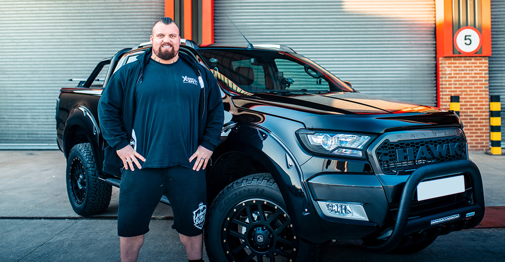 Eddie Hall collects his Ford Ranger Wildtrak from 4x4AT at Leeming Bar, North Yorkshire