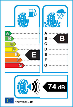 EU Tyre label - Fuel Efficiency Rating E, Wet Grip Rating B, External Noise 74dB
