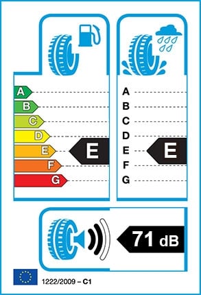 EU Tyre label - Fuel Efficiency Rating E, Wet Grip Rating E, External Noise 71dB