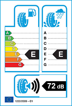 EU Tyre label - Fuel Efficiency Rating E, Wet Grip Rating E, External Noise 72dB