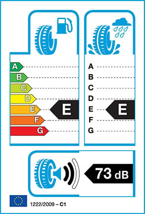 EU Tyre label - Fuel Efficiency Rating E, Wet Grip Rating E, External Noise 73dB