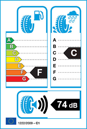 EU Tyre label - Fuel Efficiency Rating F, Wet Grip Rating C, External Noise 74dB
