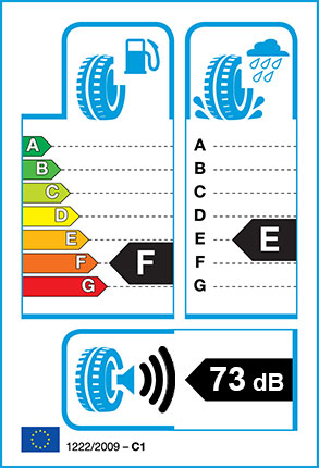 EU Tyre label - Fuel Efficiency Rating F, Wet Grip Rating E, External Noise 73dB