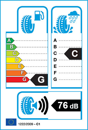 EU Tyre label - Fuel Efficiency Rating G, Wet Grip Rating C, External Noise 76dB